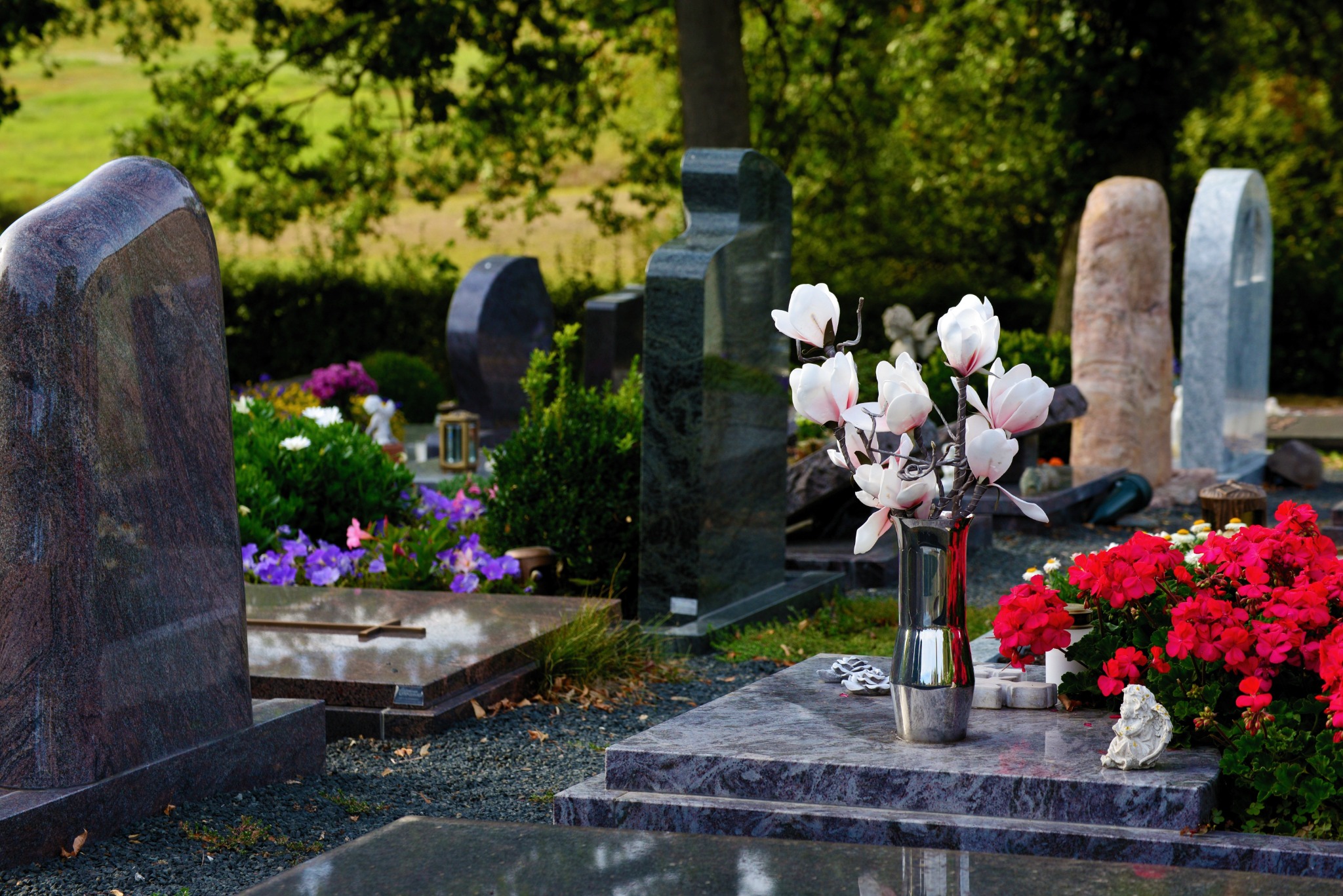 Cemetery graves and flowers