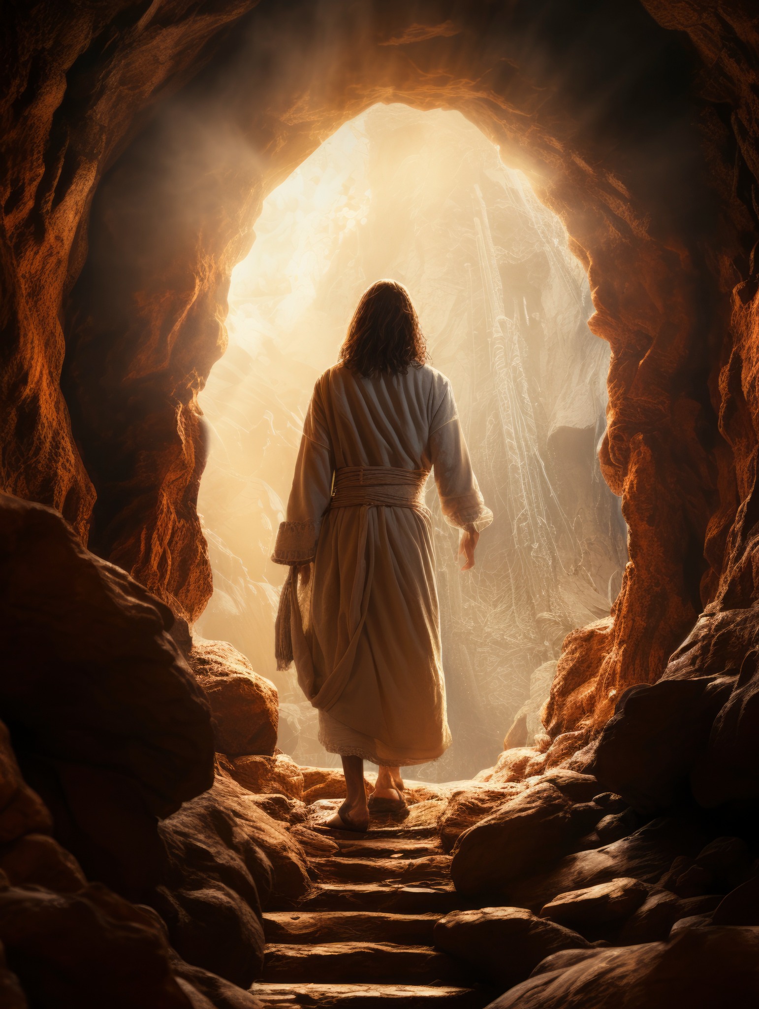 Jesus Christ walking from a tomb into the light